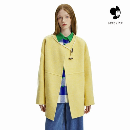 AUBRUINO Horn Buttons Decorative Wool Coat Yellow