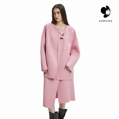 AUBRUINO Horn Buttons Decorative Wool Coat Pink