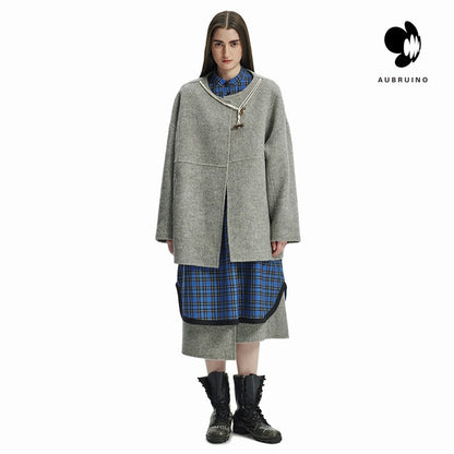AUBRUINO Horn Buttons Decorative Wool Coat Grey