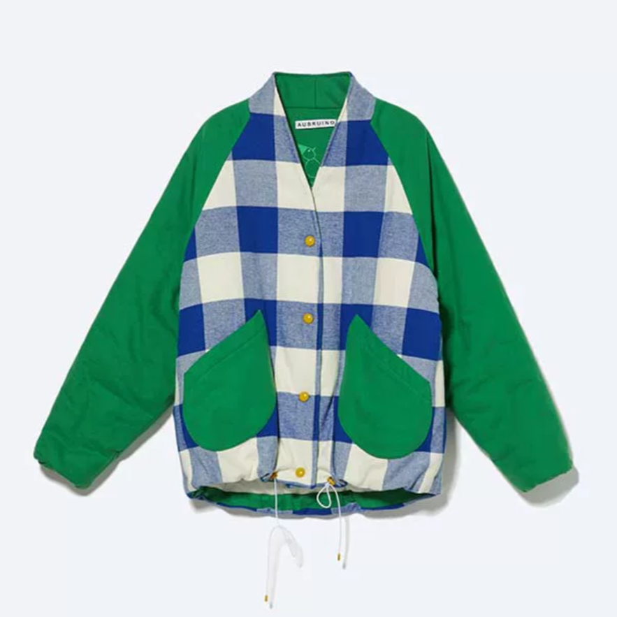 AUBRUINO Colorblock Plaid Patchwork Cotton Jacket Green