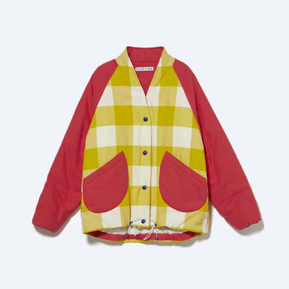 AUBRUINO Colorblock Plaid Patchwork Cotton Jacket Red