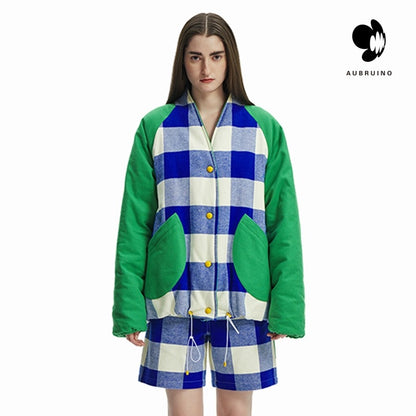 AUBRUINO Colorblock Plaid Patchwork Cotton Jacket Green
