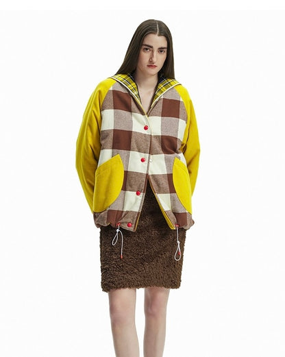 AUBRUINO Colorblock Plaid Patchwork Cotton Jacket Yellow