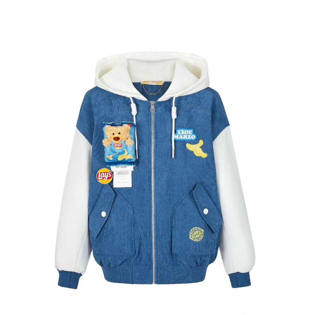 13DE MARZO X Lay's Bear Corduroy Baseball Jacket Blue