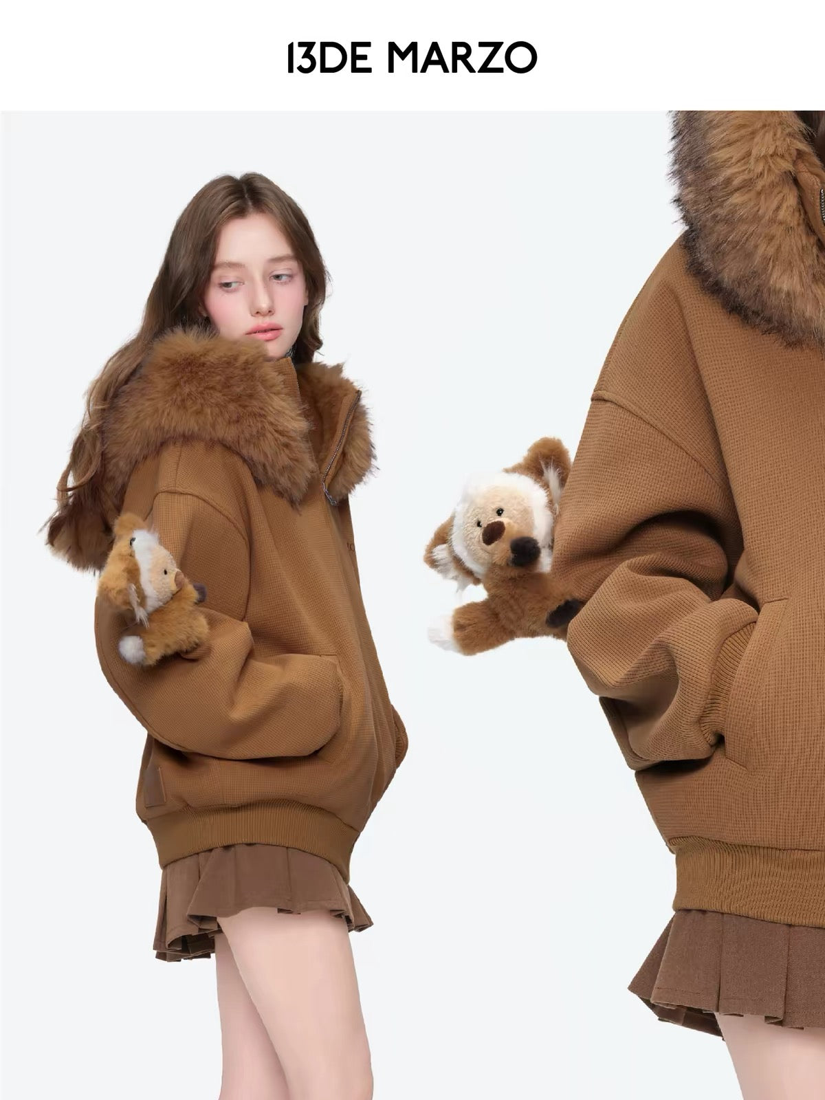 13DE MARZO Textured Fox-Ear Zip Hoodie Brown