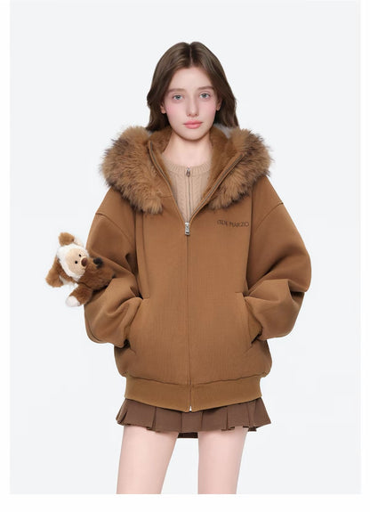 13DE MARZO Textured Fox-Ear Zip Hoodie Brown