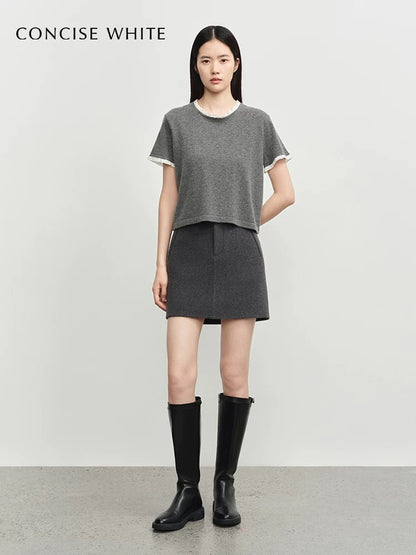 Concise-White Lace Round Neck Tee Grey