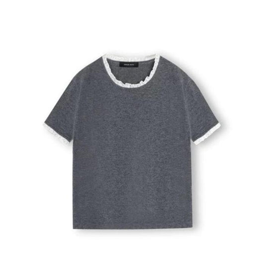 Concise-White Lace Round Neck Tee Grey