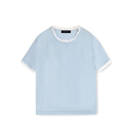 Concise-White Lace Round Neck Tee Blue