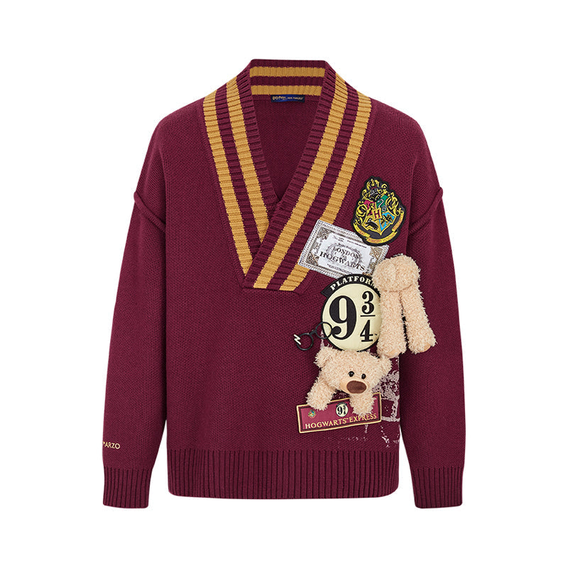 Harry Potter × 13DE MARZO Platform 9¾ Bear V-neck Sweater Red