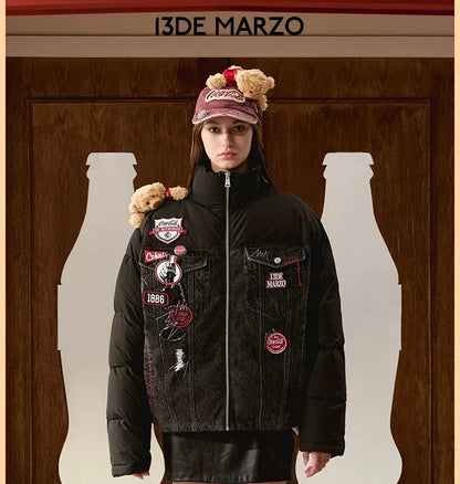 13DE MARZO x Coca-Cola Bear Denim Patch Down Jacket Black