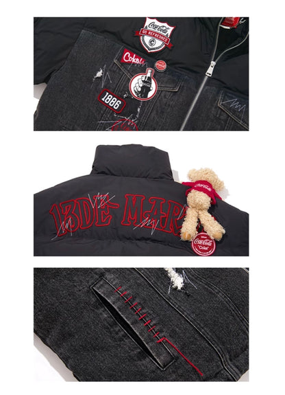 13DE MARZO x Coca-Cola Bear Denim Patch Down Jacket Black