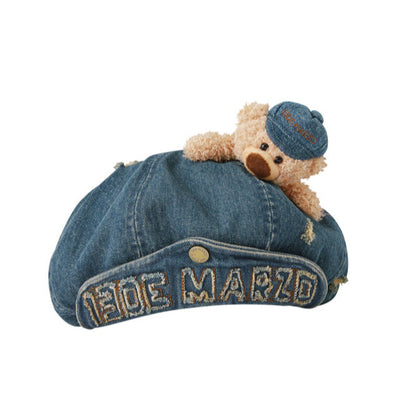 13DE MARZO Denim Cuffed Beret Hat Blue