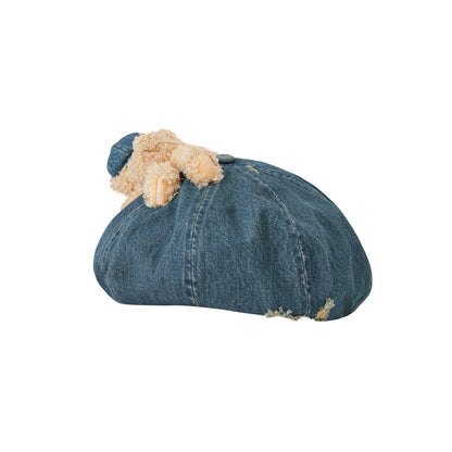 13DE MARZO Denim Cuffed Beret Hat Blue