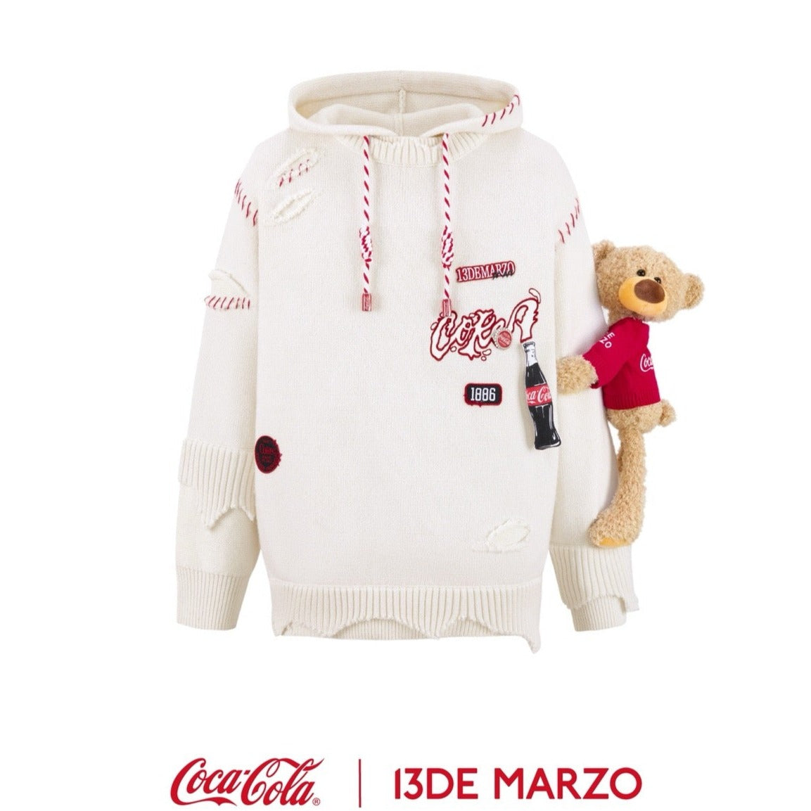 13DE MARZO x Coca-Cola Bear Broken Knit Hoodie Tofu White