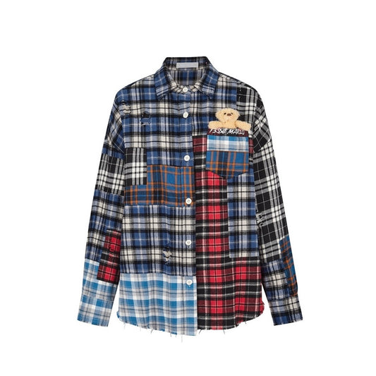 13DE MARZO Bear Broken Plaid Patch Shirt Color Patch