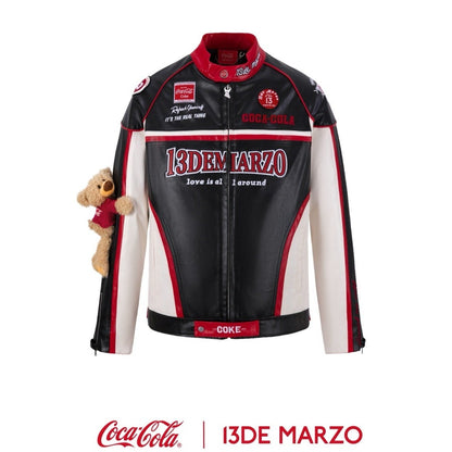 13DE MARZO x Coca-Cola Bear Racing Leather Jacket Black