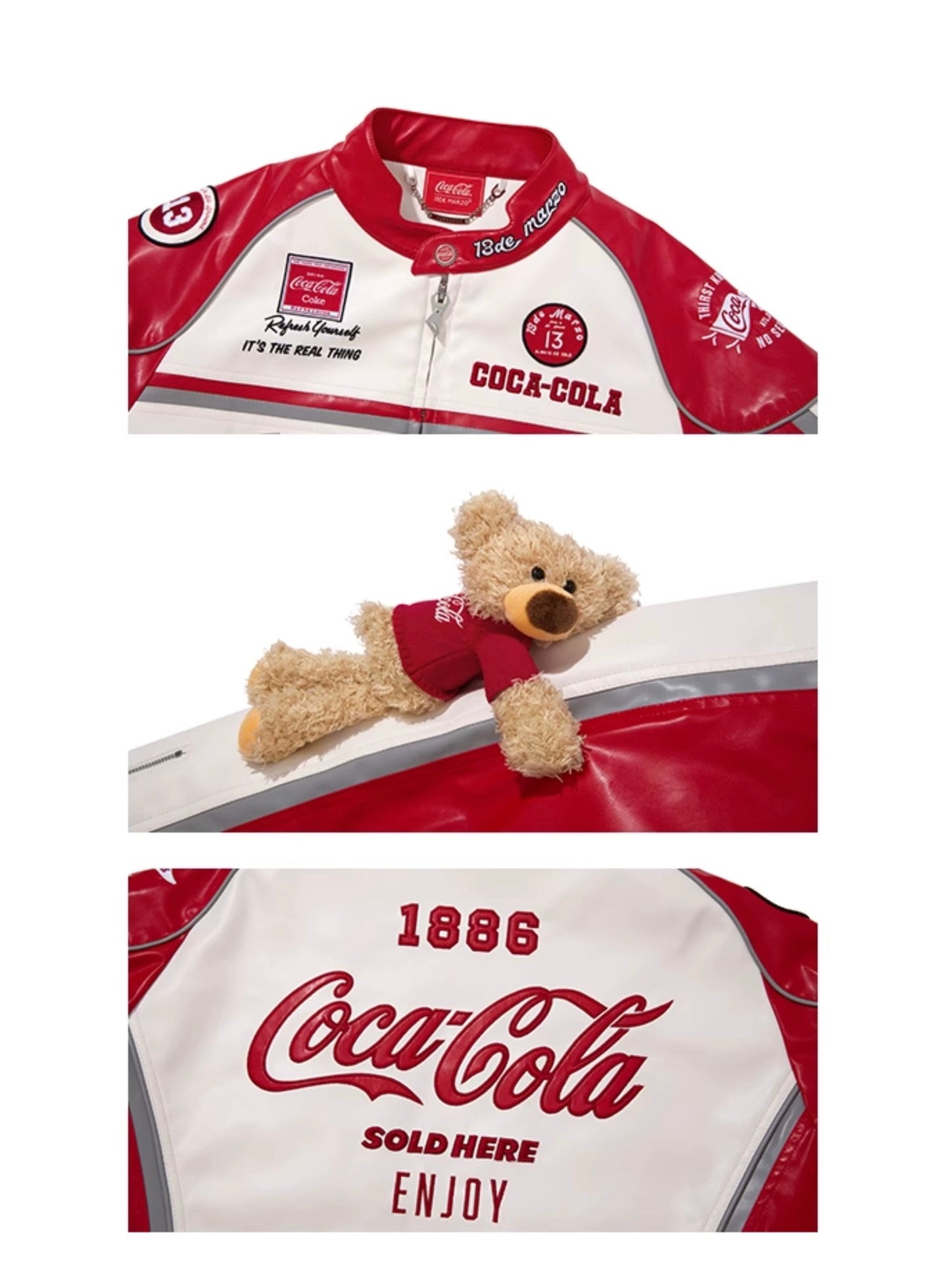 13DE MARZO x Coca-Cola Bear Racing Leather Jacket Racing Red