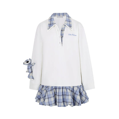 13DE MARZO Plaid Bear Collar Bud Dress Beige