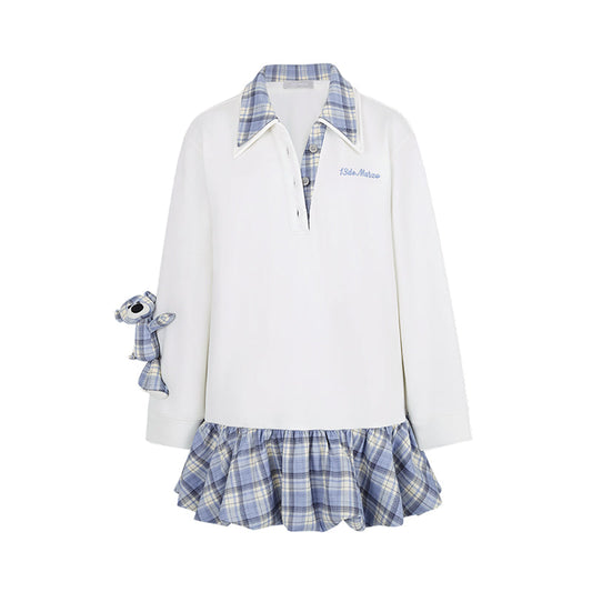 13DE MARZO Plaid Bear Collar Bud Dress Beige