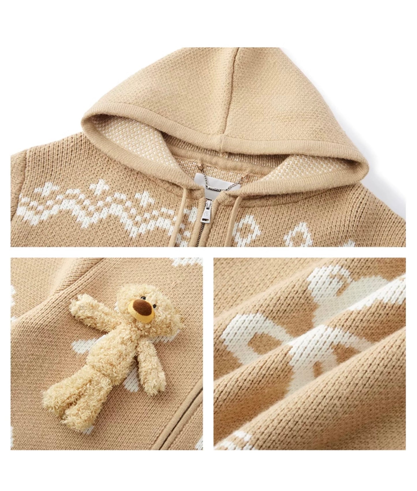 13DE MARZO Fair Isle Bear Zip Knit Hoodie Khaki