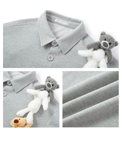 13DE MARZO Plush Bear Friends Waffle Check Shirt Grey