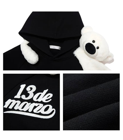 13DE MARZO Plush Bear Color Blocked Raglan Hoodie Black