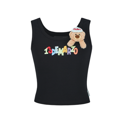 13DE MARZO Embroidered Colour-block Letter Tank Black