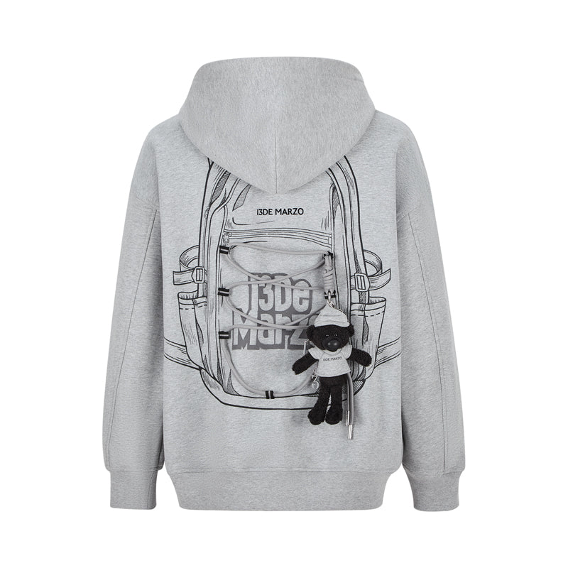 13DE MARZO Bear Backpack Print Hoodie Grey