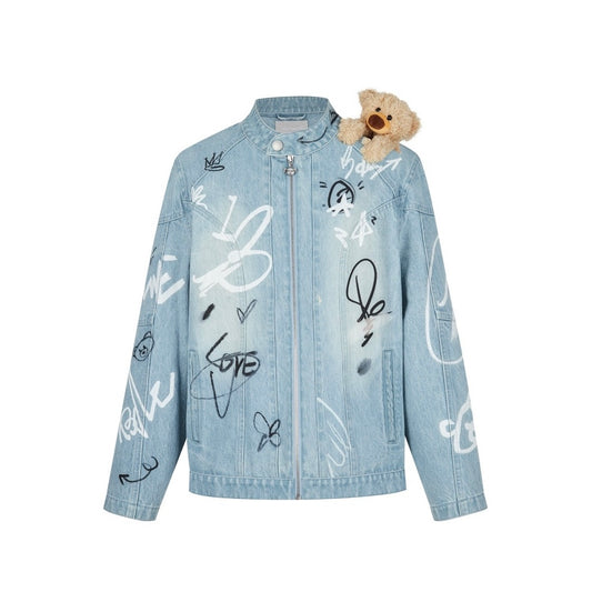 13DE MARZO Graffiti Bear Racing Denim Jacket Blue