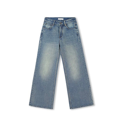 Concise-White Crystal-Studded Washed Vintage Denim Blue