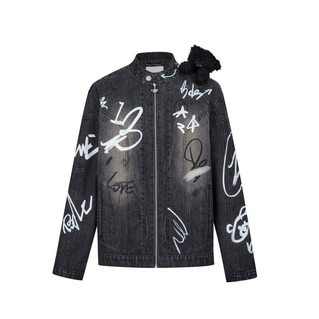 13DE MARZO Graffiti Bear Racing Denim Jacket Black