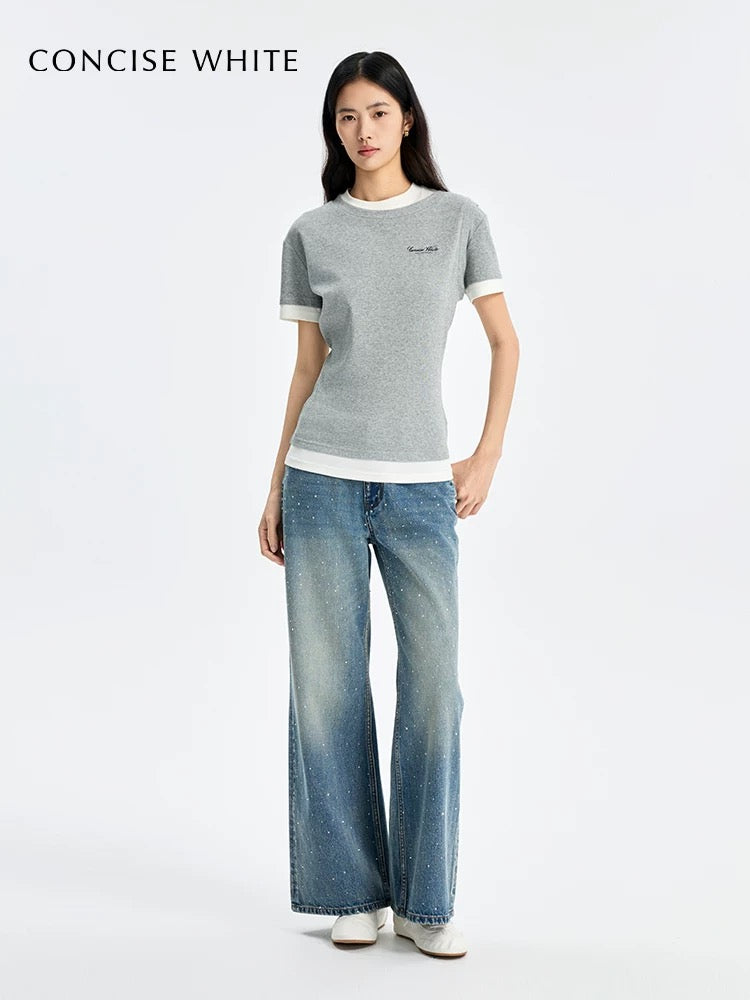 Concise-White Crystal-Studded Washed Vintage Denim Blue