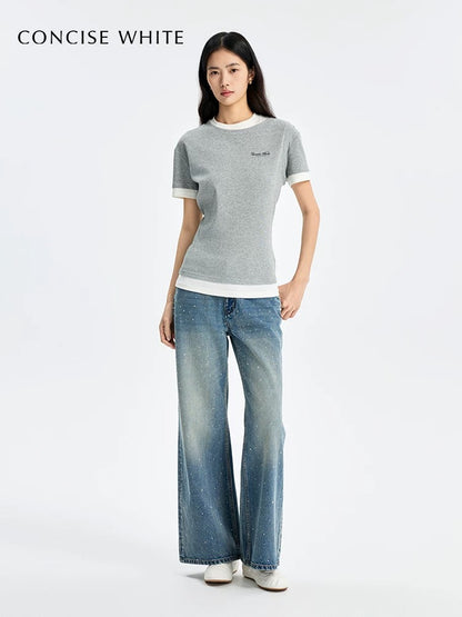 Concise-White Crystal-Studded Washed Vintage Denim Blue
