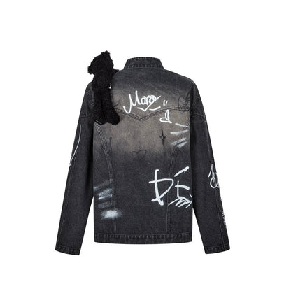 13DE MARZO Graffiti Bear Racing Denim Jacket Black