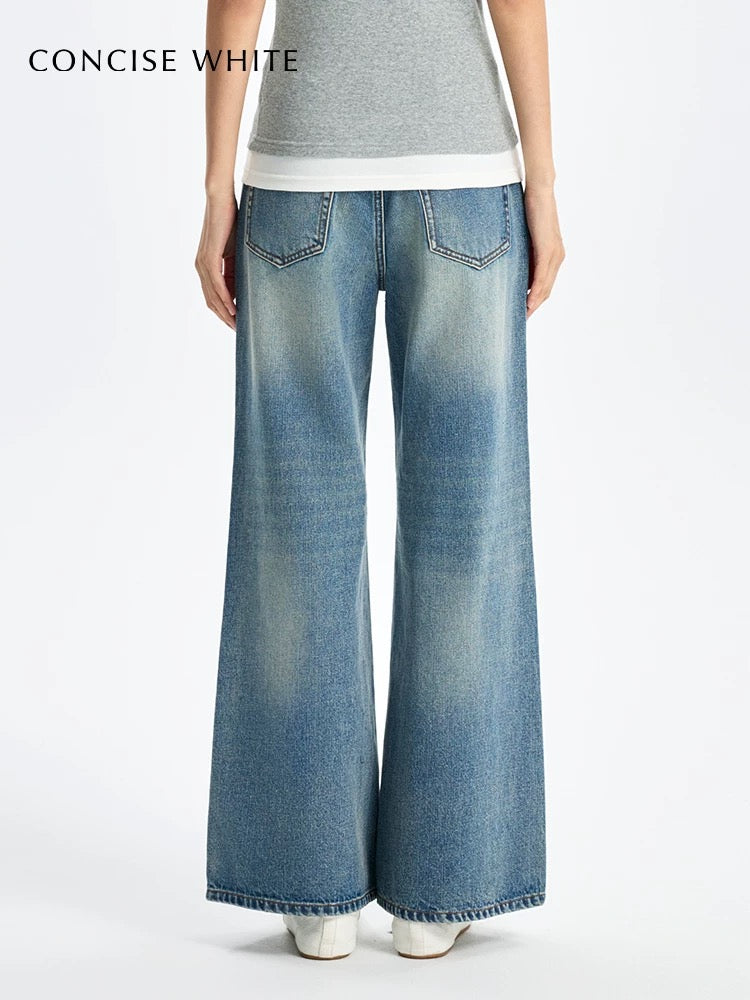 Concise-White Crystal-Studded Washed Vintage Denim Blue
