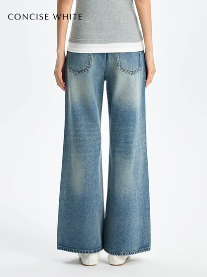 Concise-White Crystal-Studded Washed Vintage Denim Blue