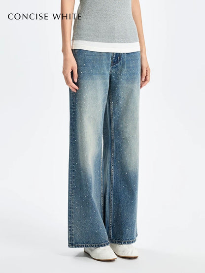 Concise-White Crystal-Studded Washed Vintage Denim Blue