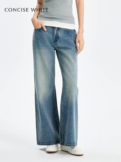 Concise-White Crystal-Studded Washed Vintage Denim Blue