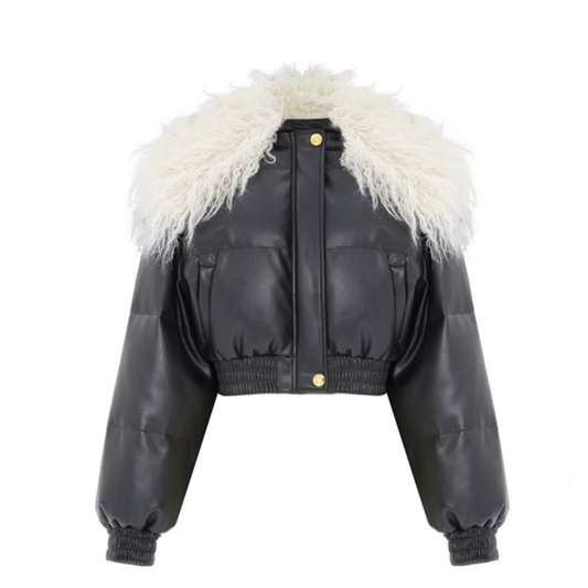 Concise-White Fur Collar Cropped Down Jacket Black