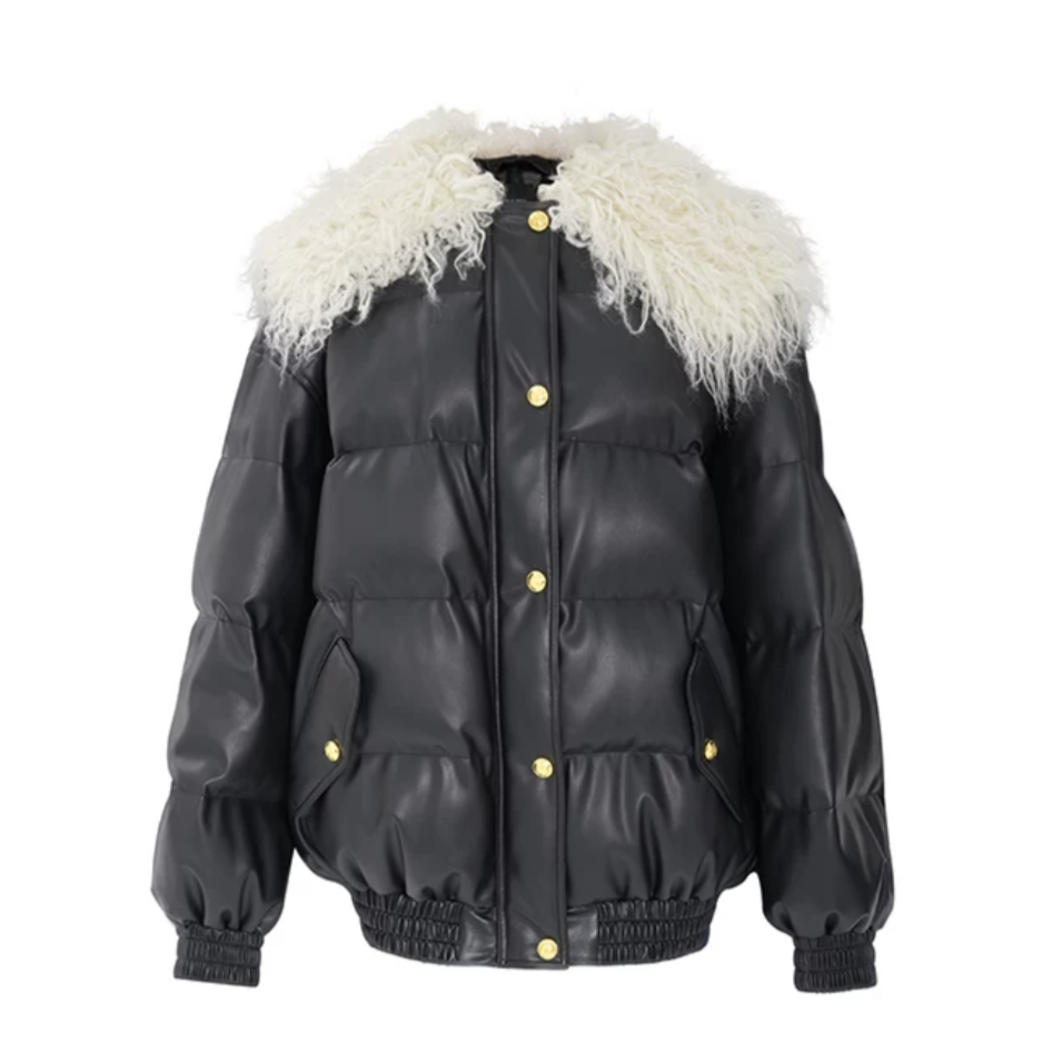 Concise-White Fur Collar Down Jacket Black