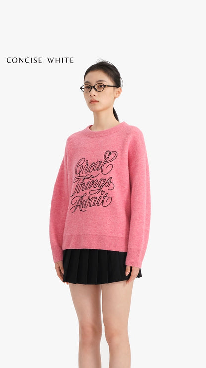 Concise-White Great Things Await Crew Neck Sweater Watermelon