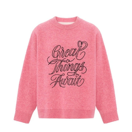 Concise-White Great Things Await Crew Neck Sweater Watermelon