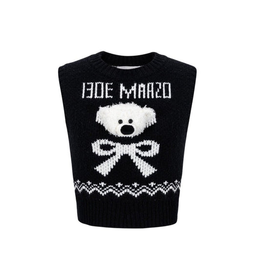 13DE MARZO Fair Isle Bear Knit Vest Black