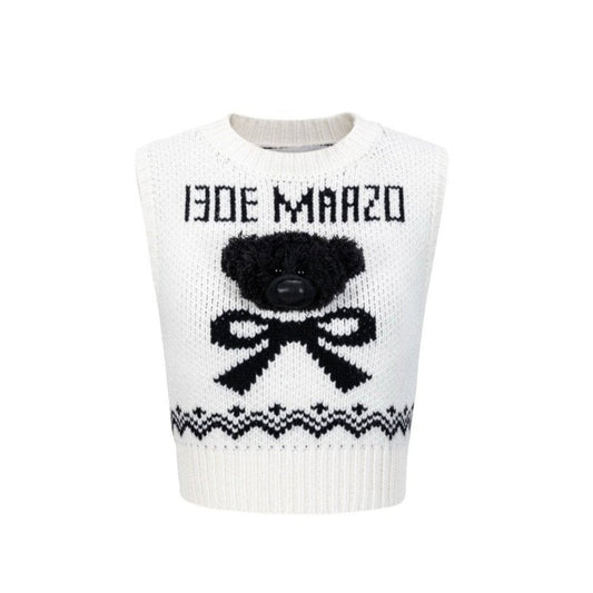 13DE MARZO Fair Isle Bear Knit Vest White