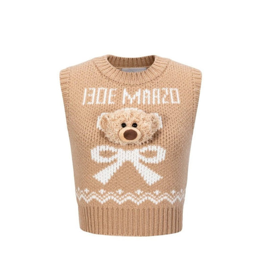 13DE MARZO Fair Isle Bear Knit Vest Camel