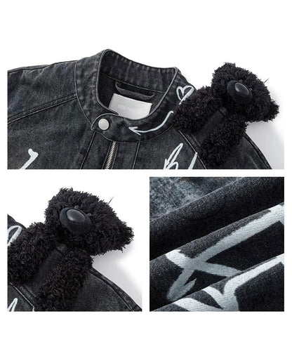 13DE MARZO Graffiti Bear Racing Denim Jacket Black