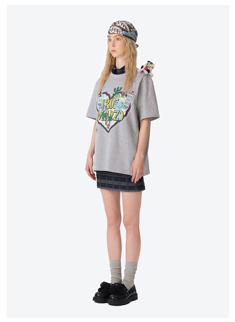 13DE MARZO Pilot Bear World Travel T-shirt Grey