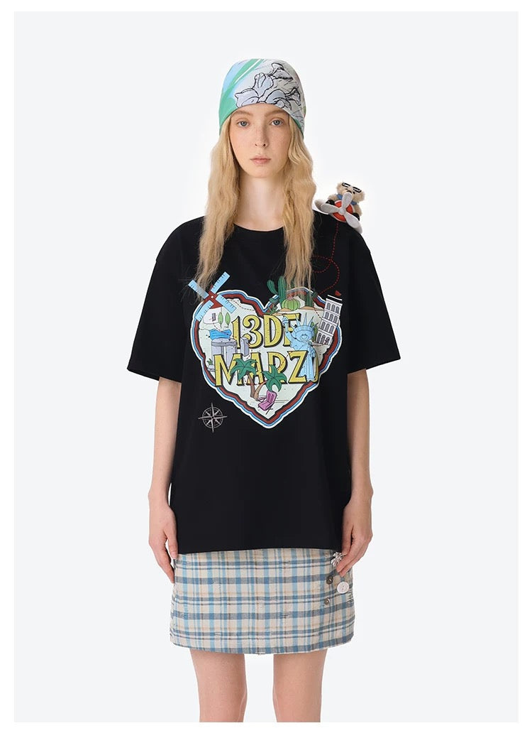 13DE MARZO Pilot Bear World Travel T-shirt Black