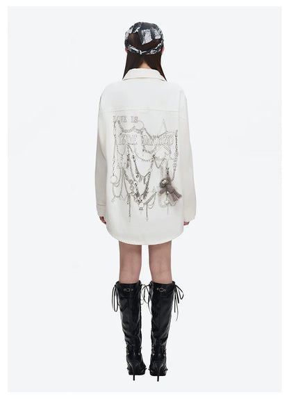 13DE MARZO Chains Illustrated Denim Shirt White
